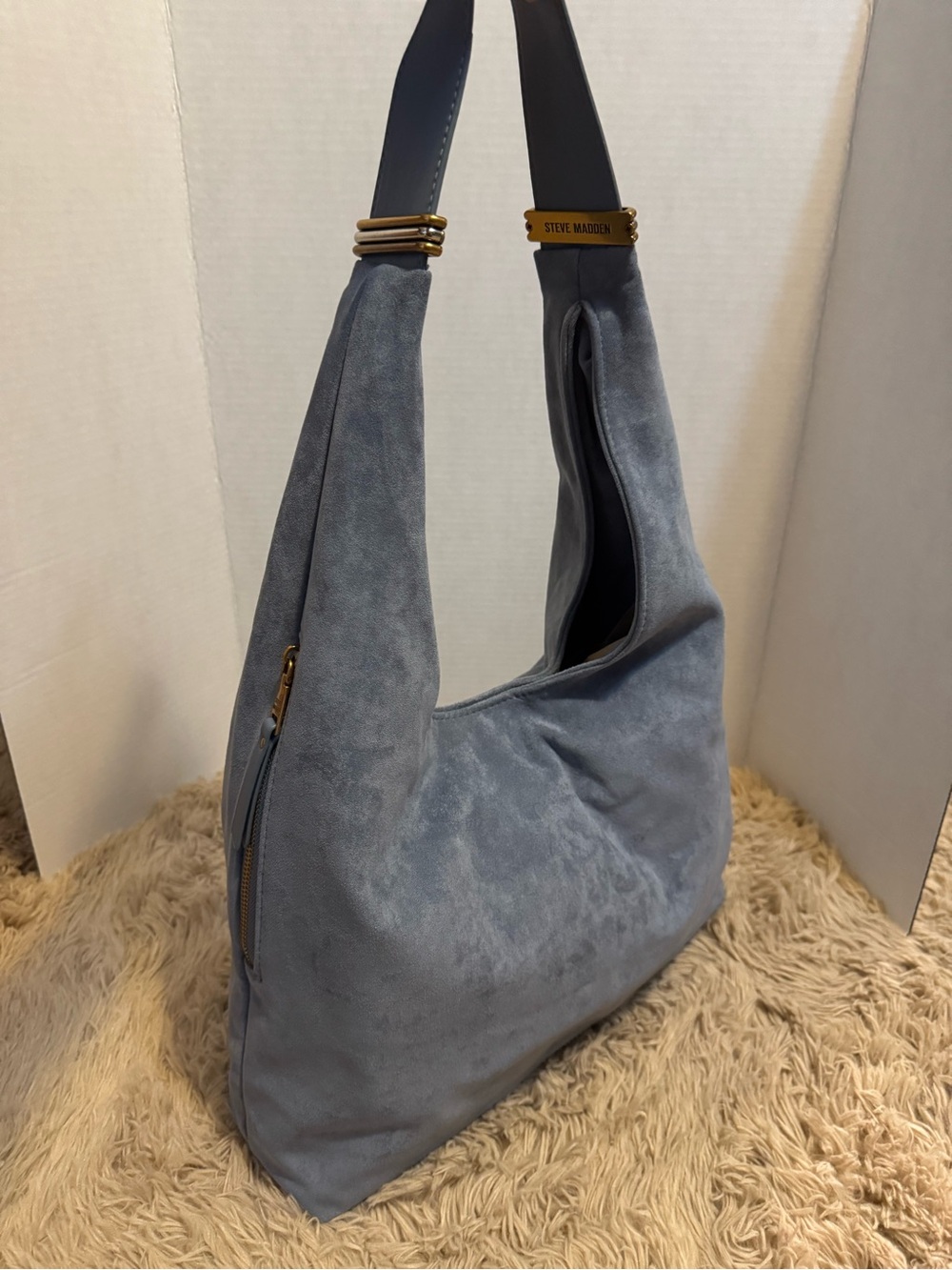 Steve Madden Slate-Blue Suede Hobo with Gold Accents